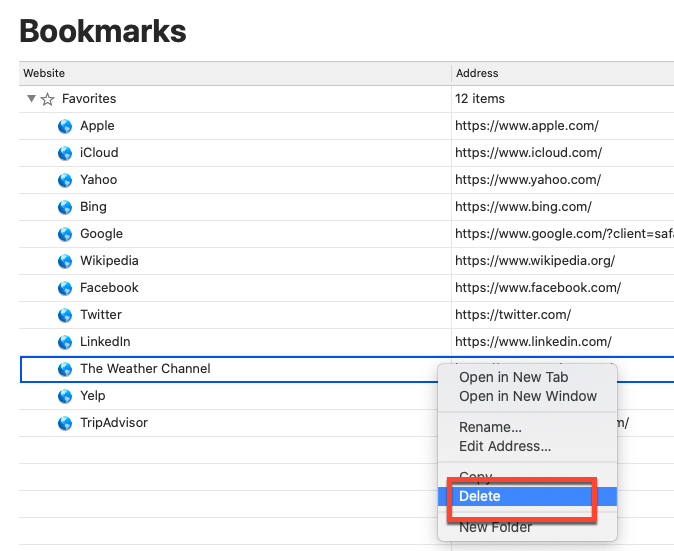 delete safari bookmark