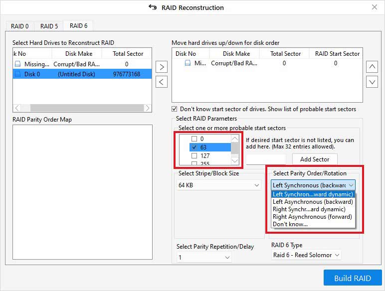 select parity order and parameters