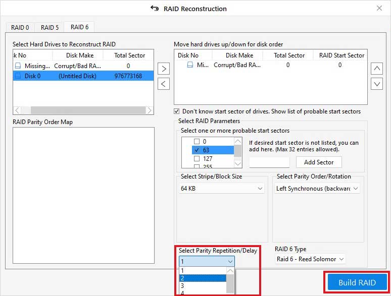 select Parity repetition and click Build RAID