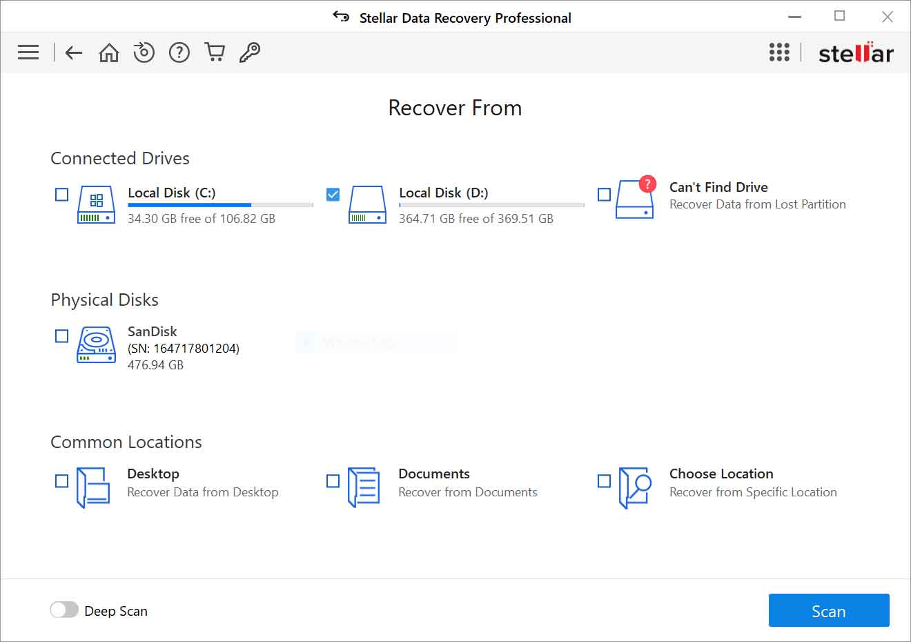 Select the location from where you want to recover deleted files