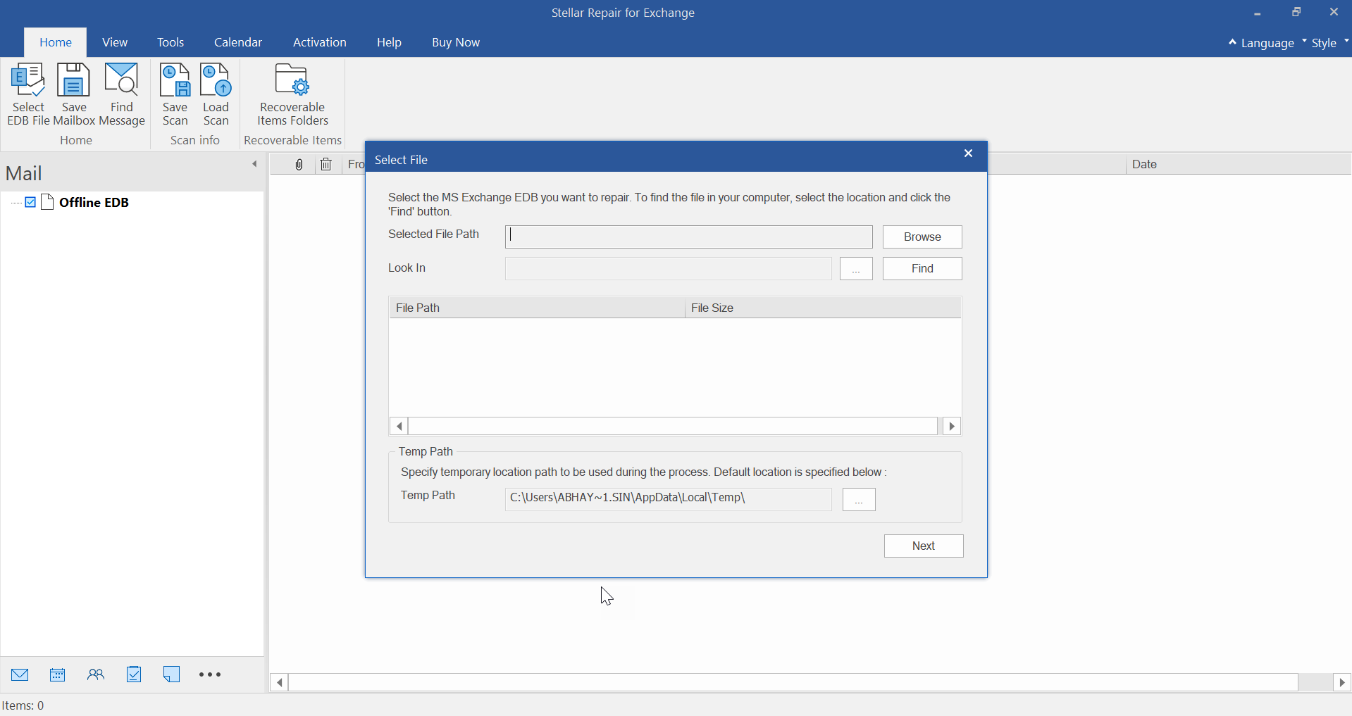 This is the home screen of Stellar Repair for Exchange software. Click Browse to select EDB file or click the 'Find' button if you don't know the location of the EDB file. Also, change the 'Temp Path' if the database size is large.