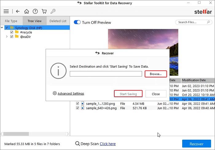 browse location to save recovered files and start saving them