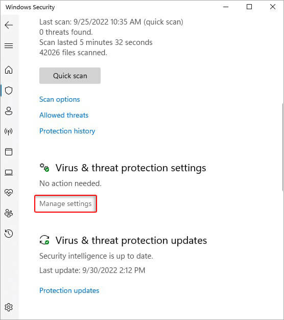 click manage settings under threat protection