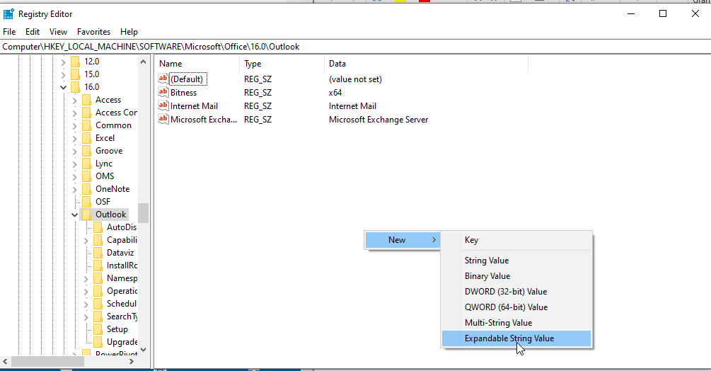 find change pst file-location using registry editor to change pst file location