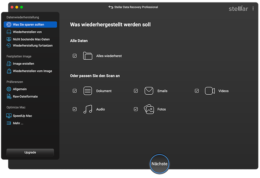 Dashboard der Stellar Data Recovery Anwendung