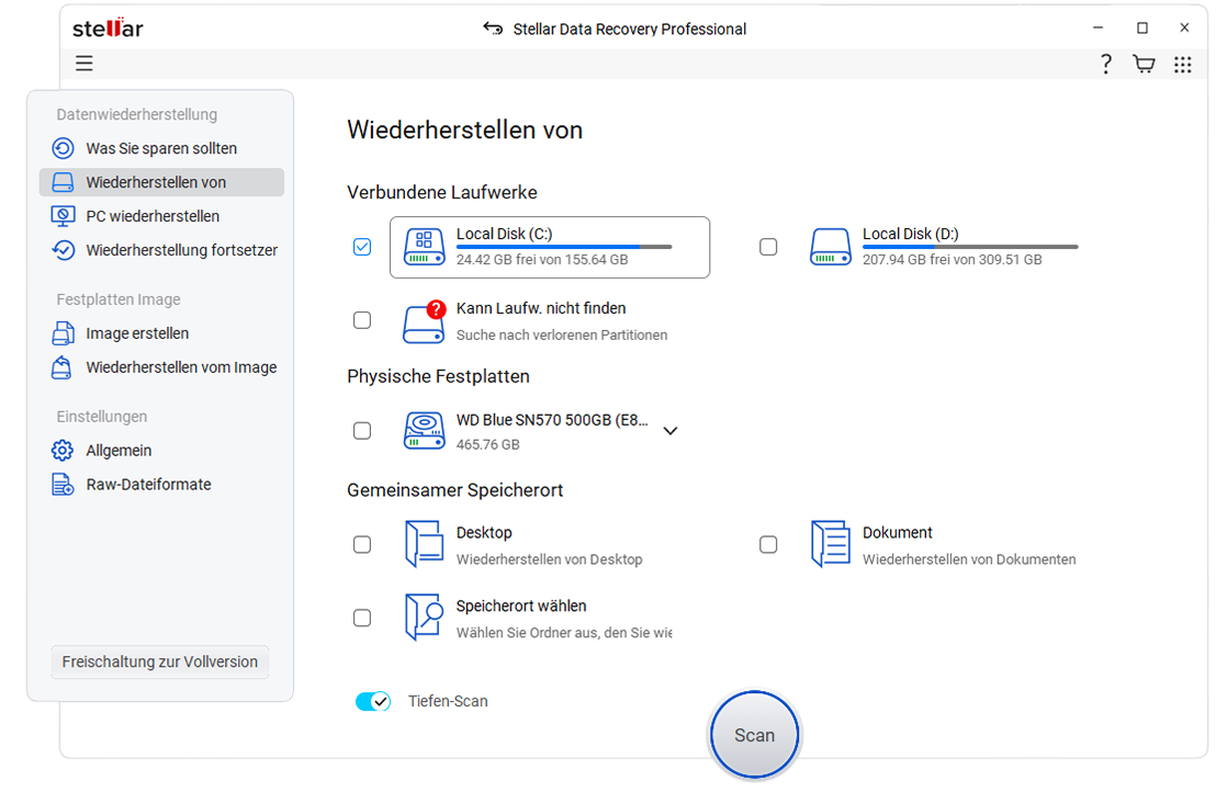 Wählen Sie den Datenträger aus, von dem wiederhergestellt werden soll