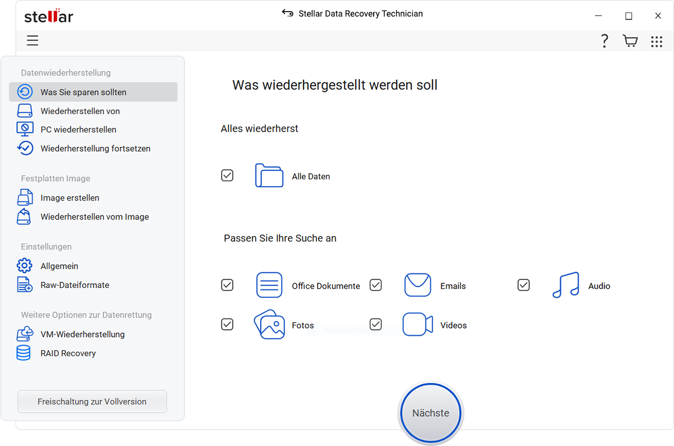 Auf dem Bildschirm Wiederherzustellende Daten auswählen