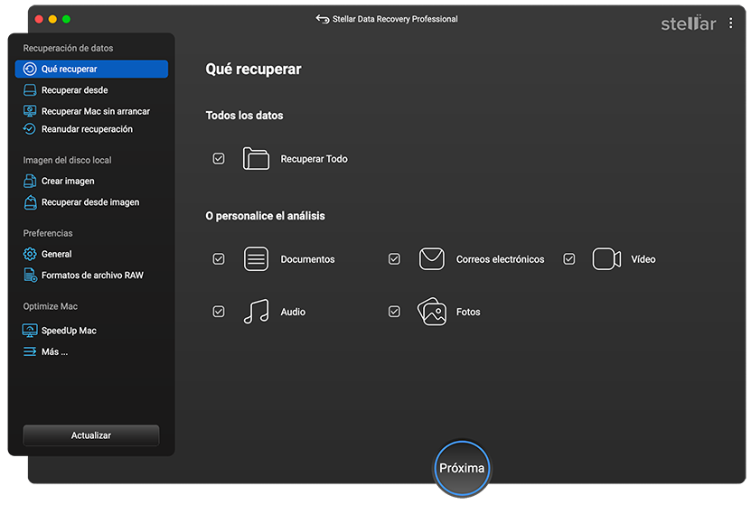 Panel de la aplicación Stellar Data Recovery