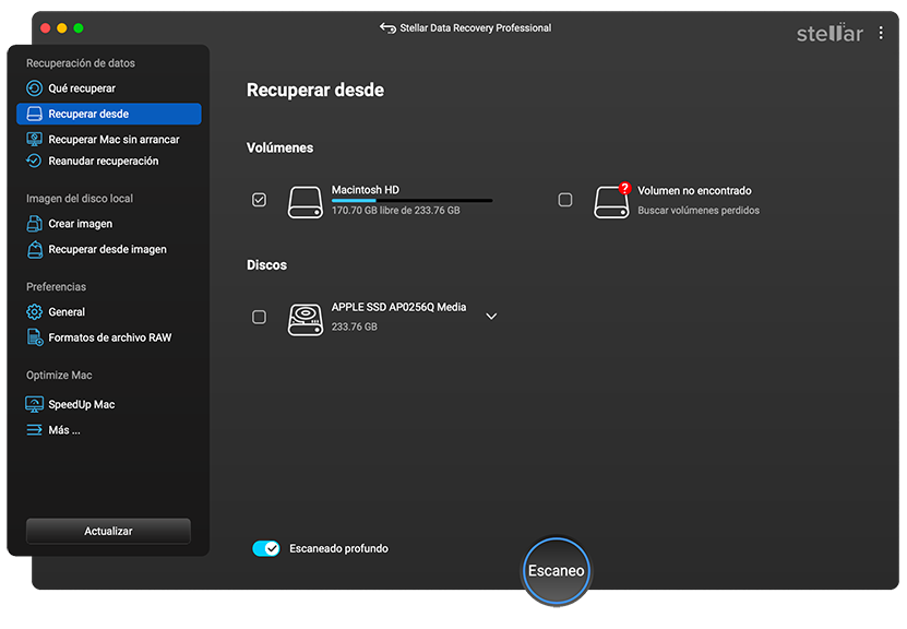 Stellar Data Recovery Professional > Escaneo