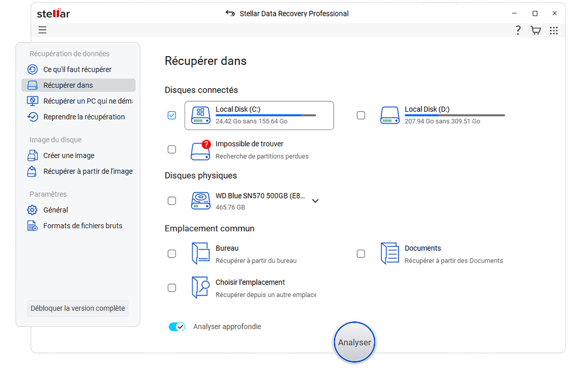 Stellar Data Recovery Professional > Récupérer dans