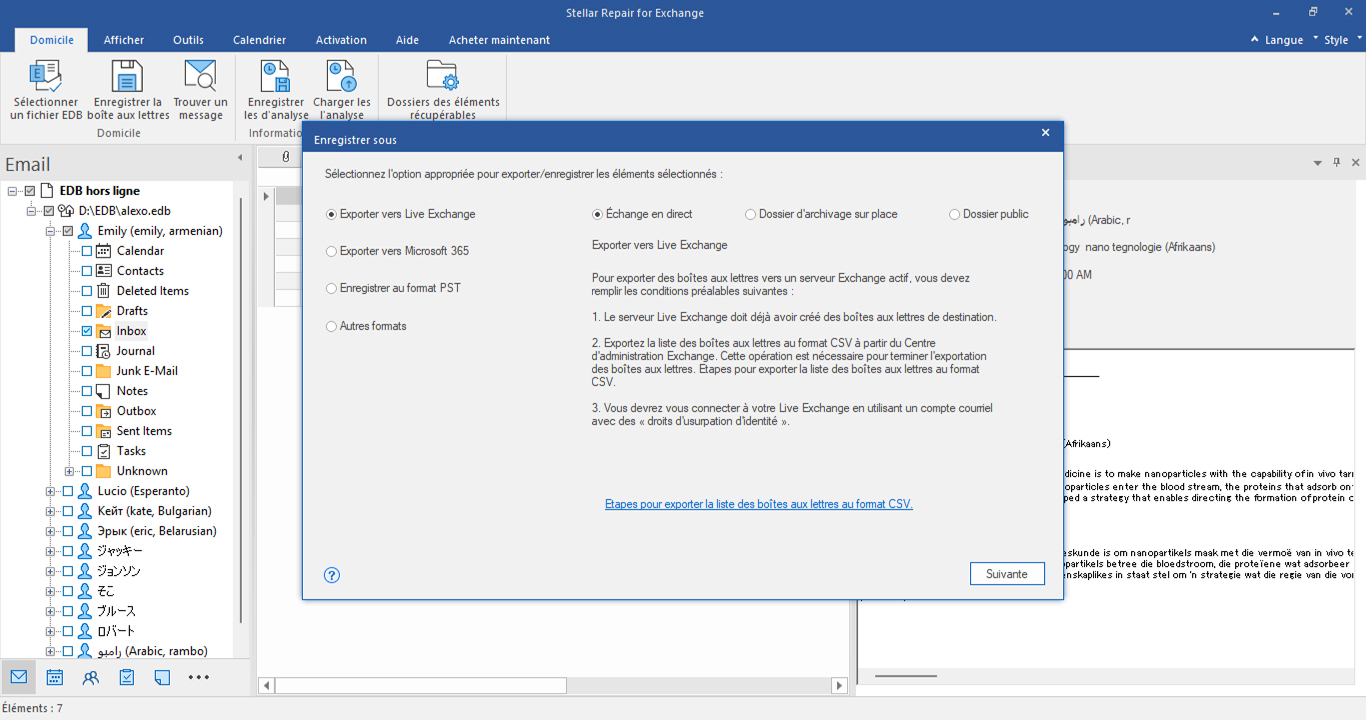 Exporter vers Live Exchange