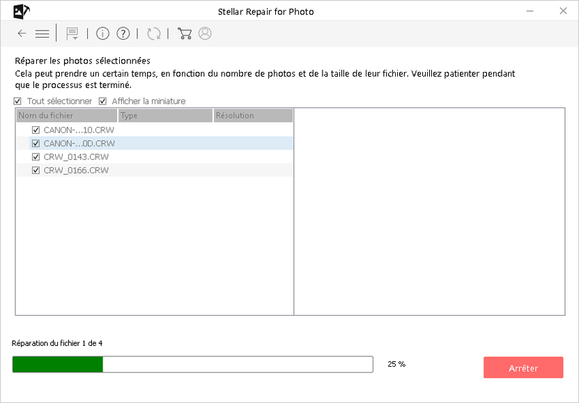 Figure : Liste des images corrompues dans le logiciel