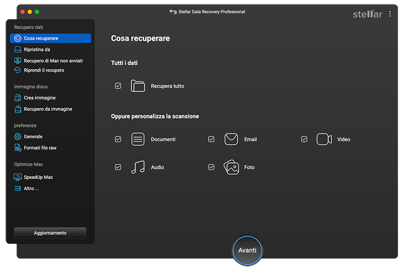 Cruscotto dell'applicazione Stellar Data Recovery