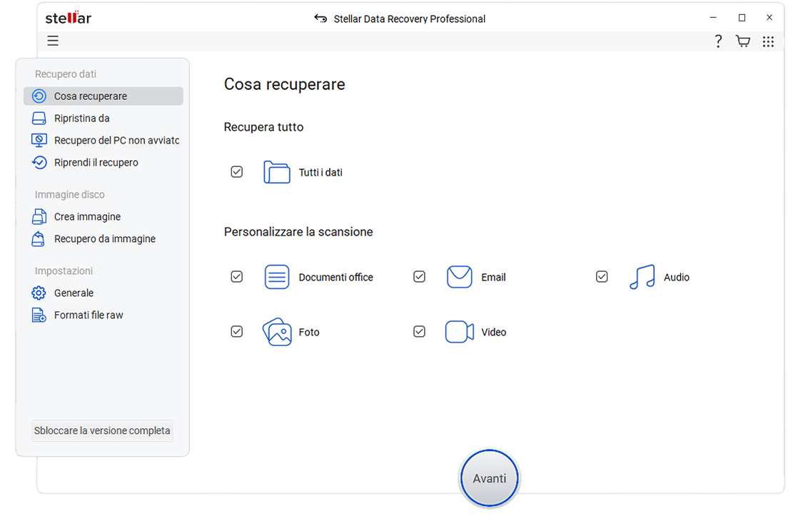 Schermata principale dell'applicazione Stellar Data Recovery Professional