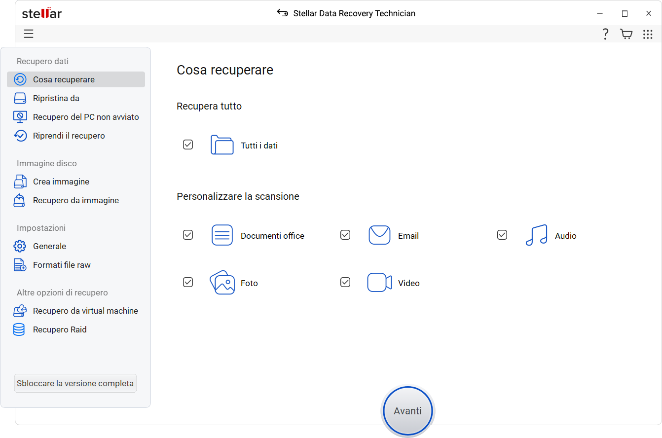 Avviare il software. Selezionare "Tutti i dati" e fare clic su "Avanti"