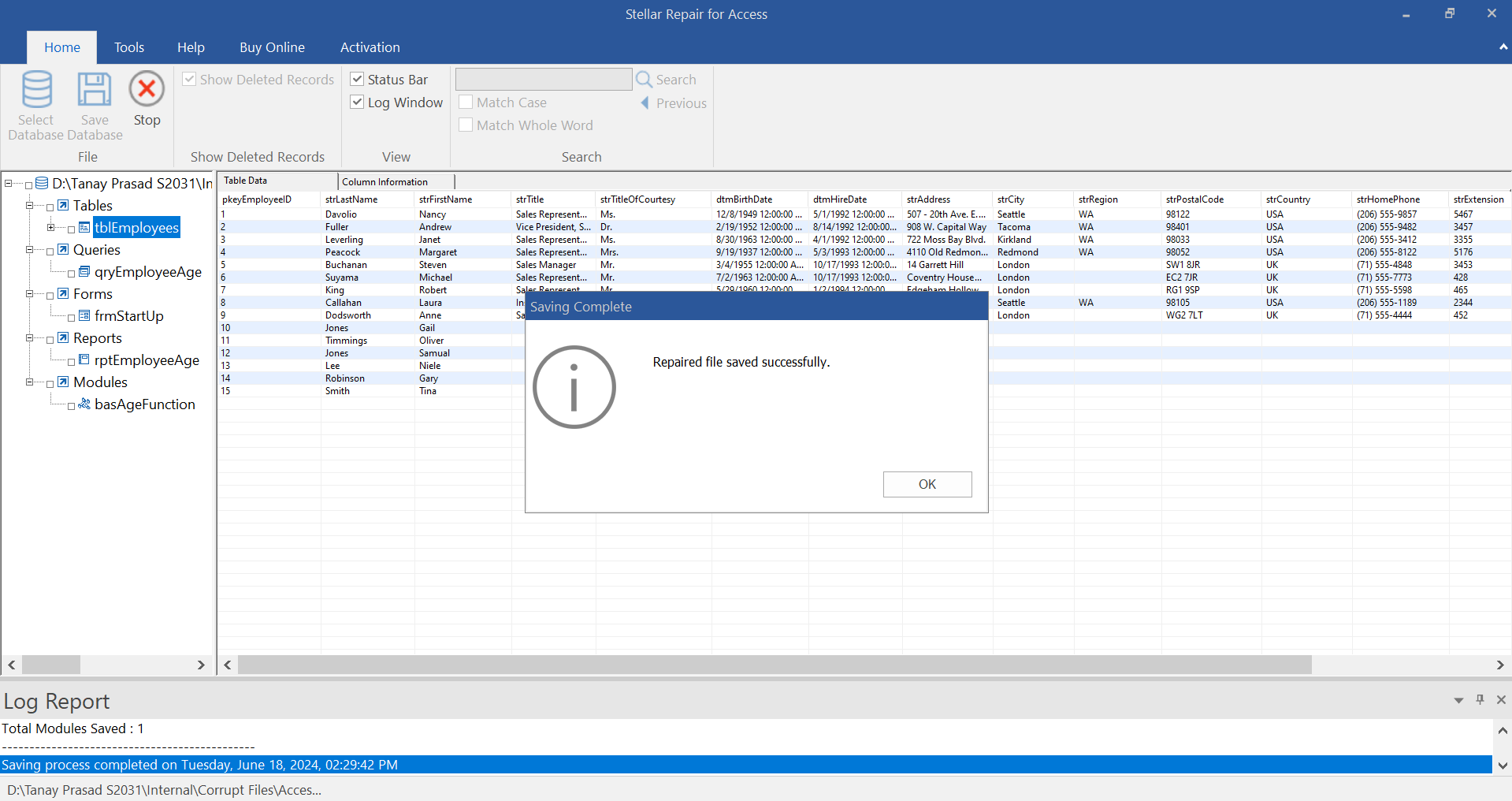 Access database repaired and saved