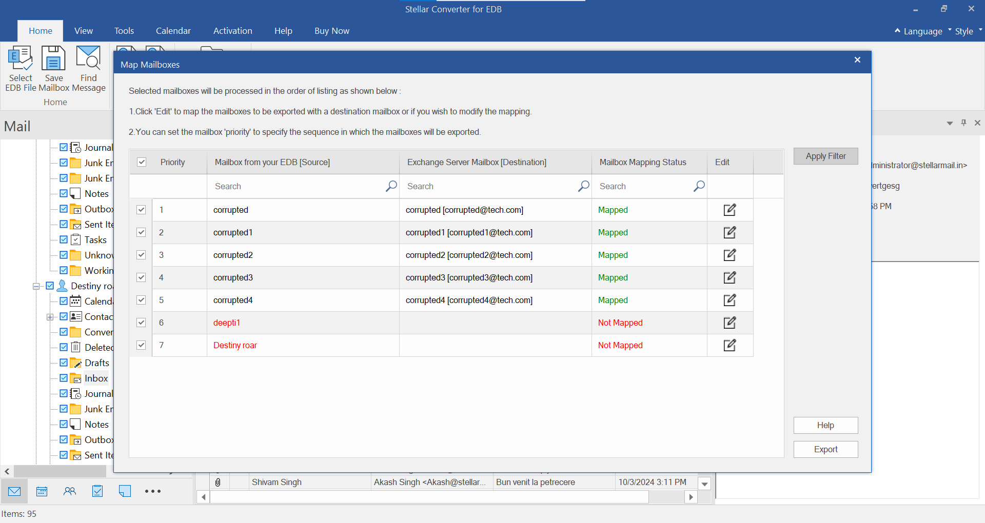 exporting the mailboxes from the EDB file