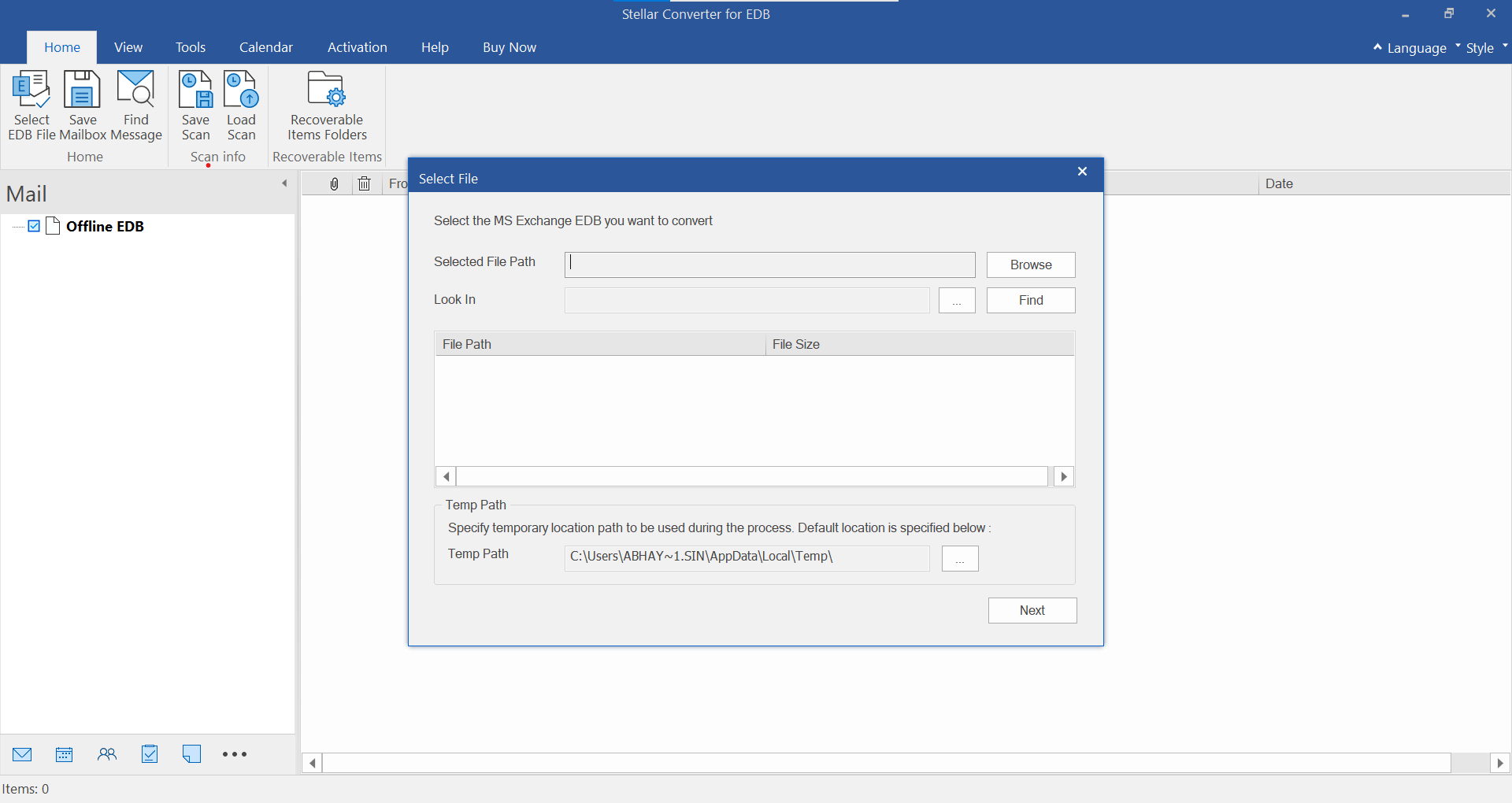 Browse and select the Exchange 2010 EDB file