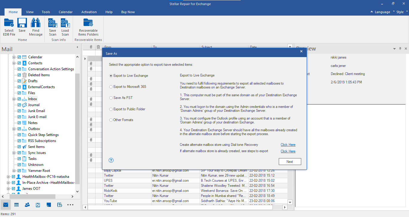 Export to live exchange