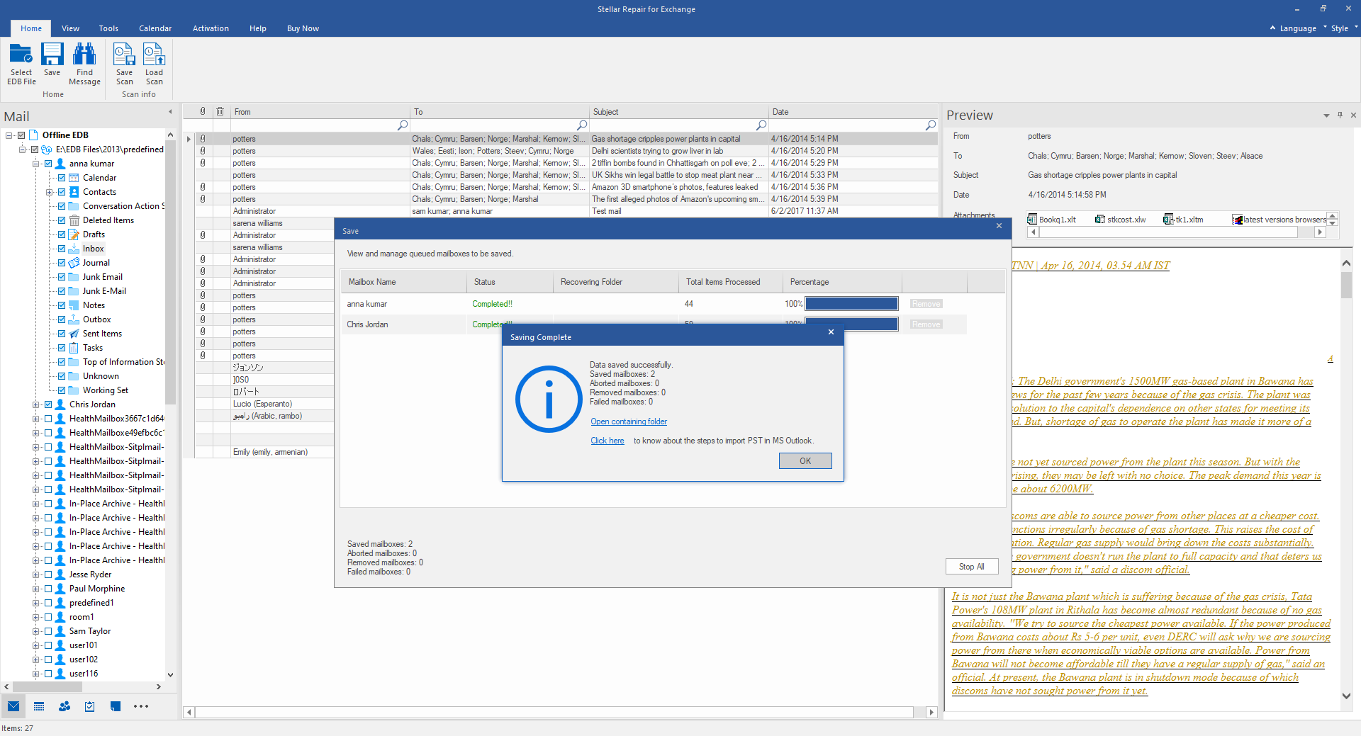 recover and restore specific mailboxes using selected .edb file