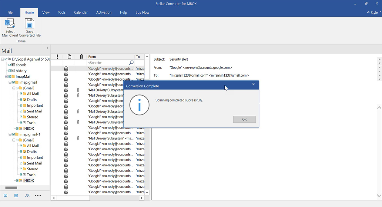 Convert single PST file or multiple MBOX files in folder.