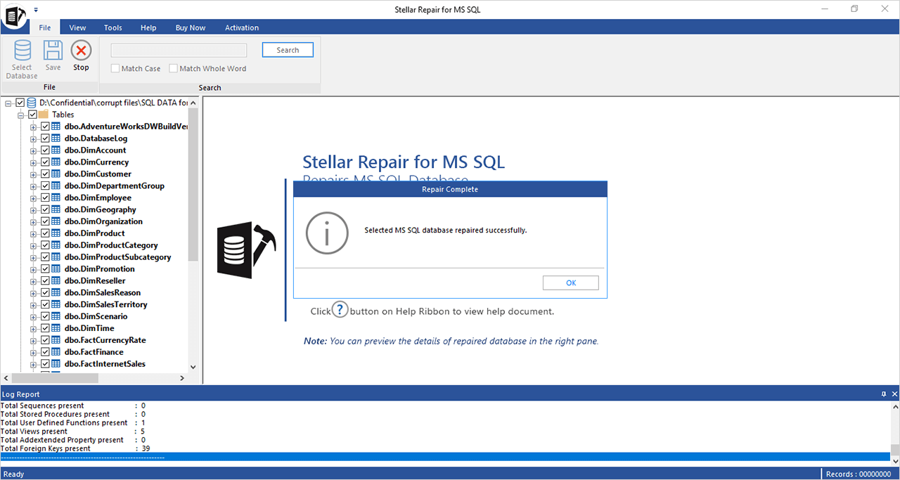 Selected MS SQL database repaired successful