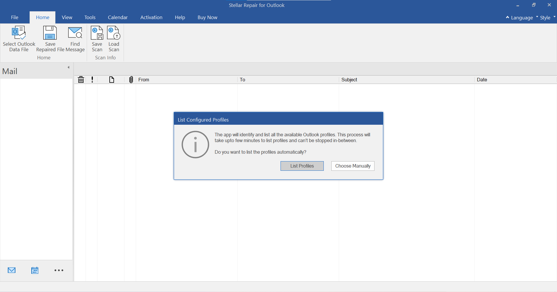 stellar repair for outlook main screen