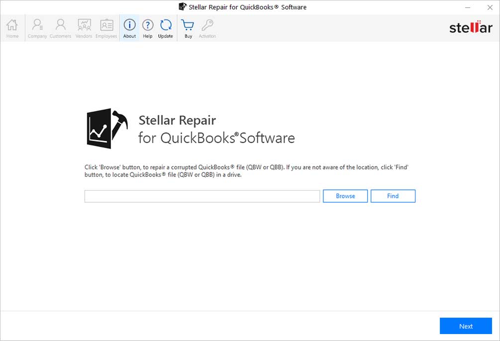 stellar repair for quickbooks main screen