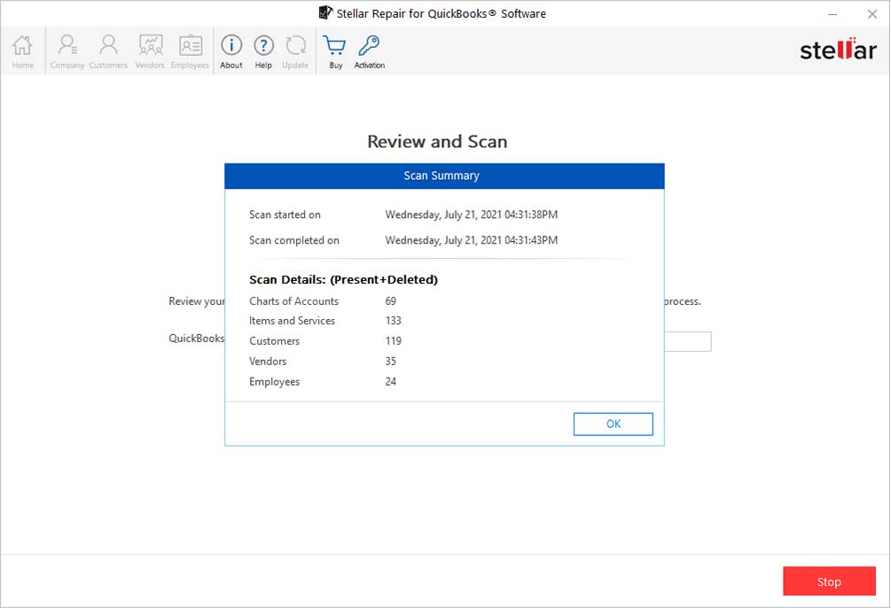 dialog box showing Scan Summary