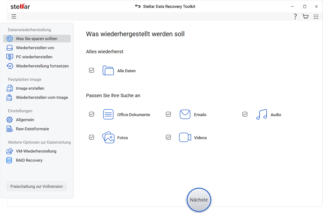 Wählen Sie die Art der Daten, die Sie wiederherstellen möchten, und klicken Sie auf die Schaltfläche "Weiter".