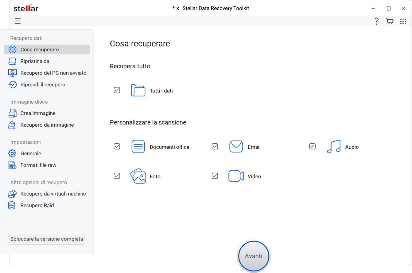 Selezionare il tipo di dati che si desidera recuperare e fare clic sul pulsante "Avanti".