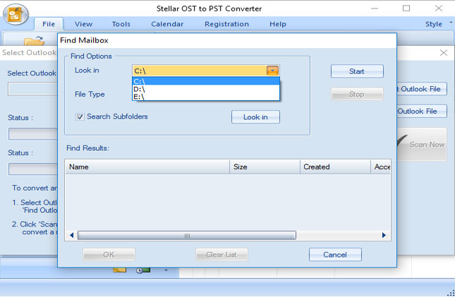 Stellar OST to PST Converter - select drive