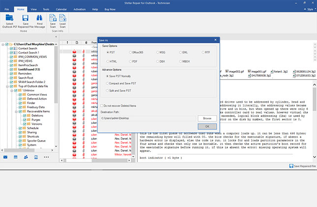 preview of repaired pst emails folders contacts outlook
