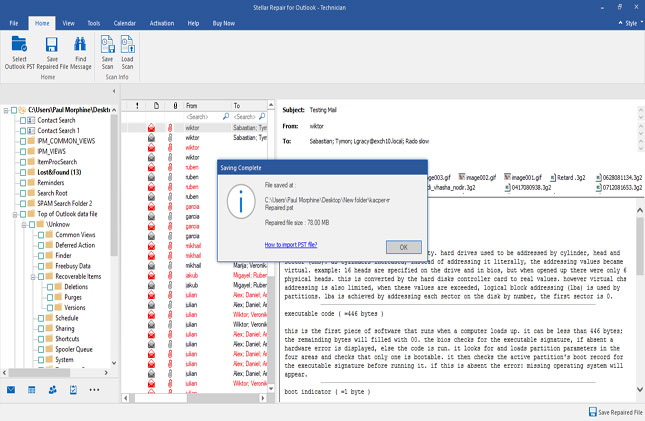outlook mailbox repair software shows saving process
