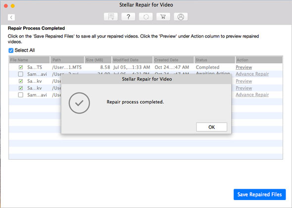 Stellar Video Repair for Mac - Repair Process Completed Save the Repaired Files