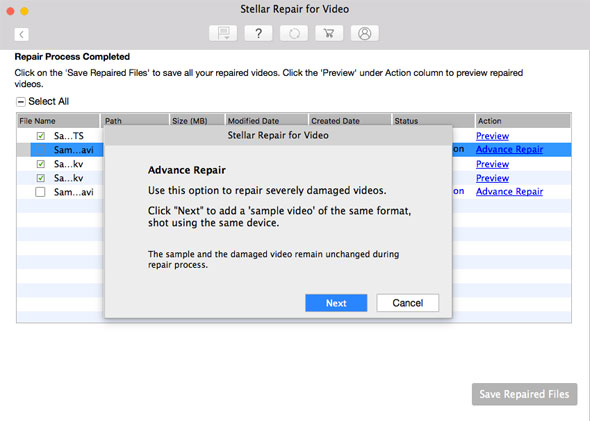Stellar Video Repair for Mac - Repair damaged videos using Advance Repair Click Next
