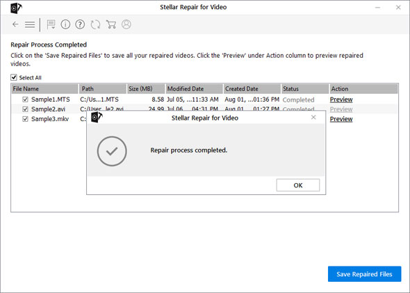 Preview and save the repaired MTS files