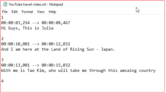 YouTube subtitle SRT file Notepad screenshot